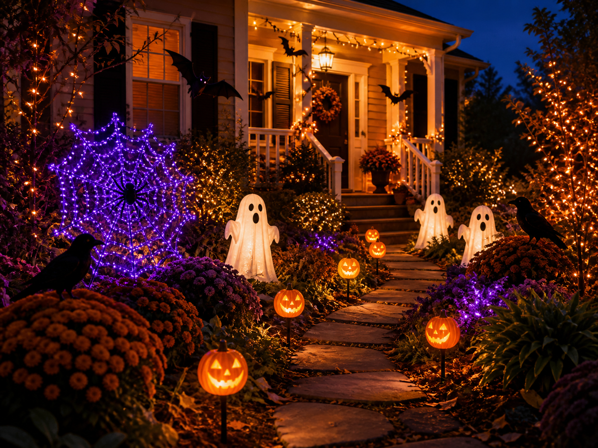 Halloween garden lights at a festive American home