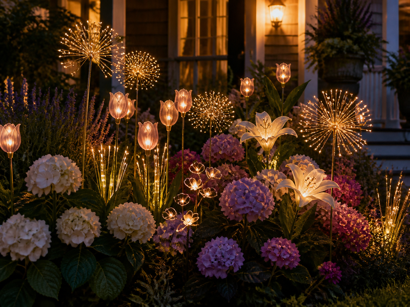 Glowing flower and botanical lights in a porch garden