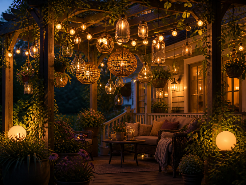 Layered hanging lights on a warm garden pergola