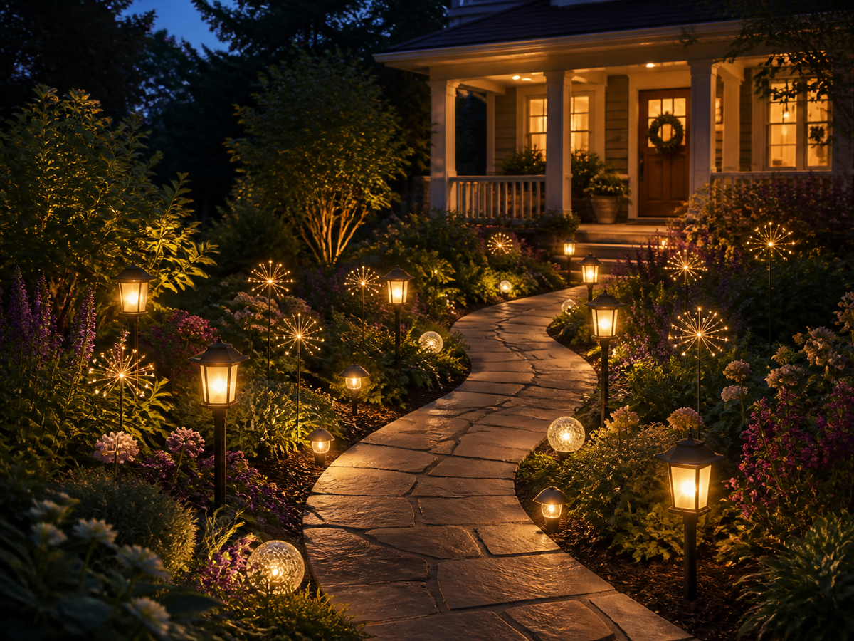 Warm pathway and stake lights along a curved garden path