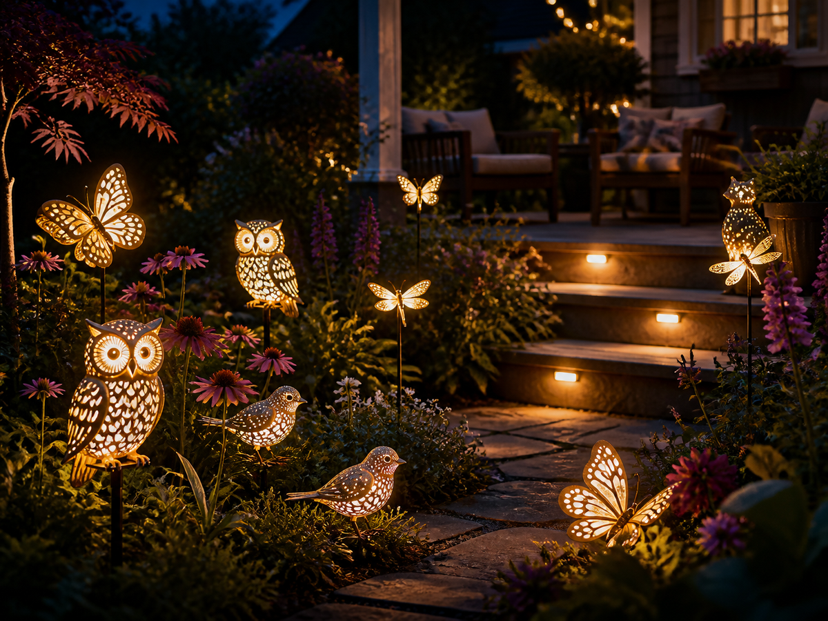 Animal and whimsical garden lights by a cozy patio