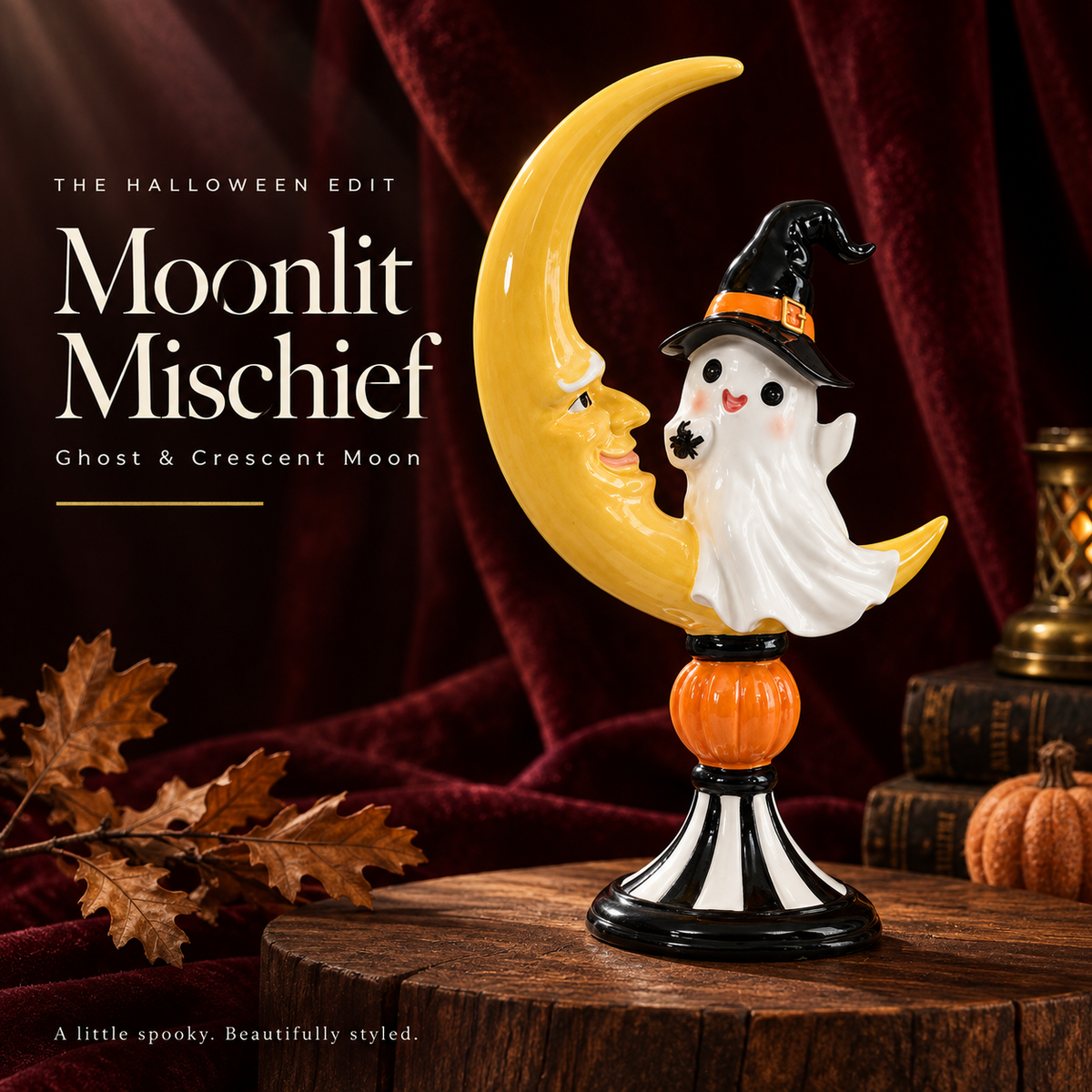 Free Shipping 🎃 Ghost & Crescent Moon Figurine – Vintage Halloween Tabletop Decor