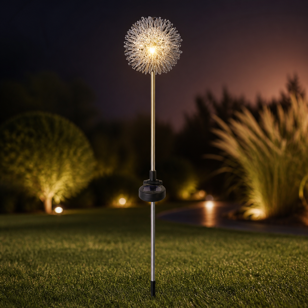 Estaca de jardín con luz solar en forma de diente de león