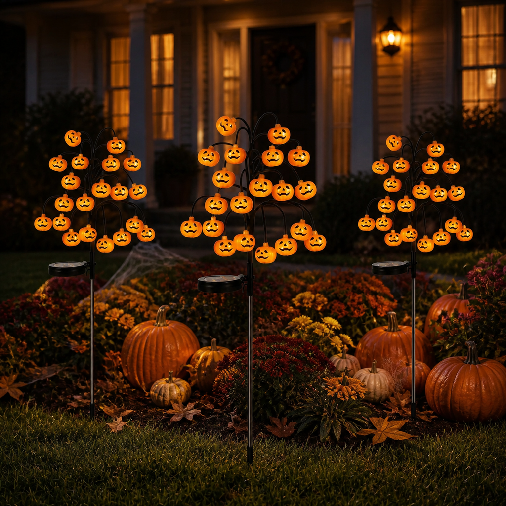 Luces solares de estaca para Halloween con diseño de calabazas y árbol