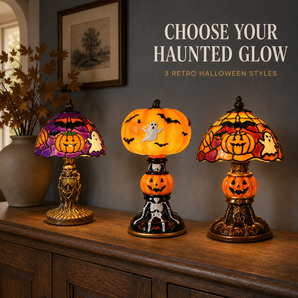 🔥Hot Sale - 40% OFF🔥 –🎃Retro Halloween Pumpkin Desk Lamp – Resin Bat & Ghost Accent Light, 3 Styles