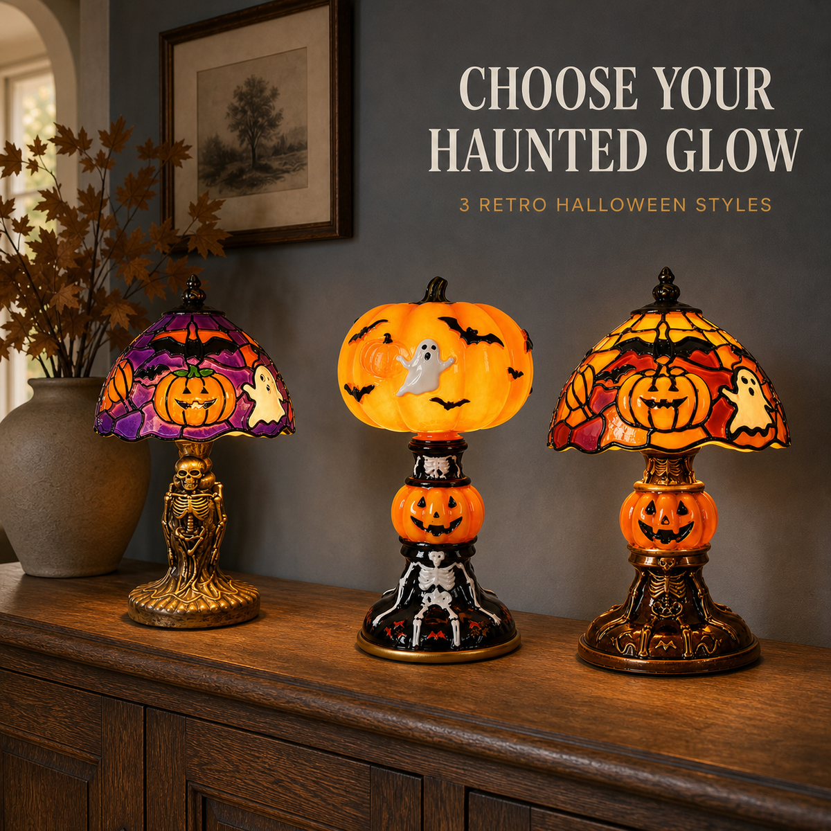🔥Hot Sale - 40% OFF🔥 –🎃Retro Halloween Pumpkin Desk Lamp – Resin Bat & Ghost Accent Light, 3 Styles