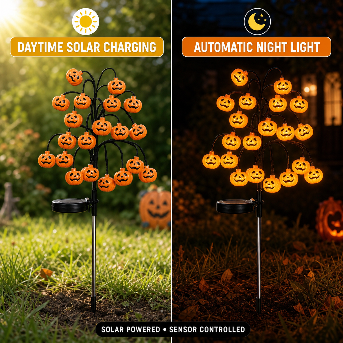 Luces solares de estaca para Halloween con diseño de calabazas y árbol