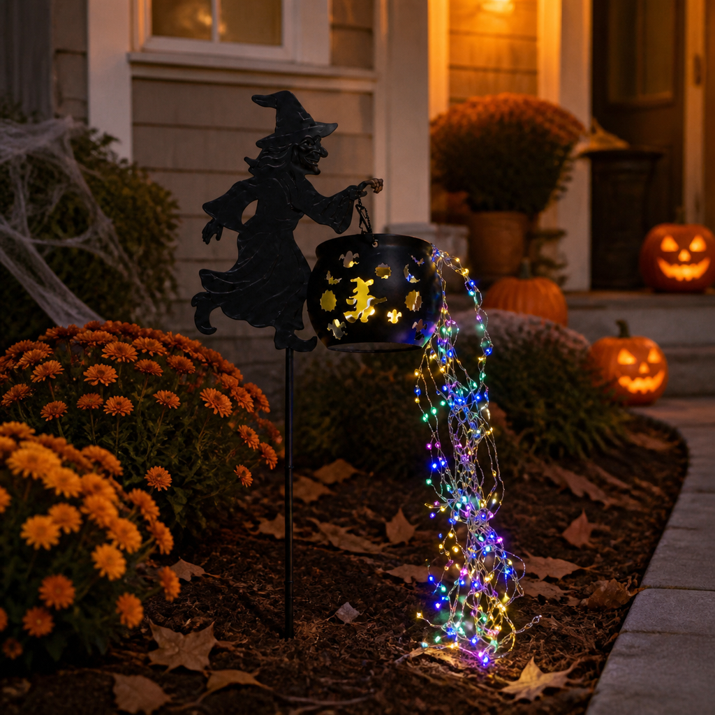 Halloween Witch Cauldron Garden Stake Light