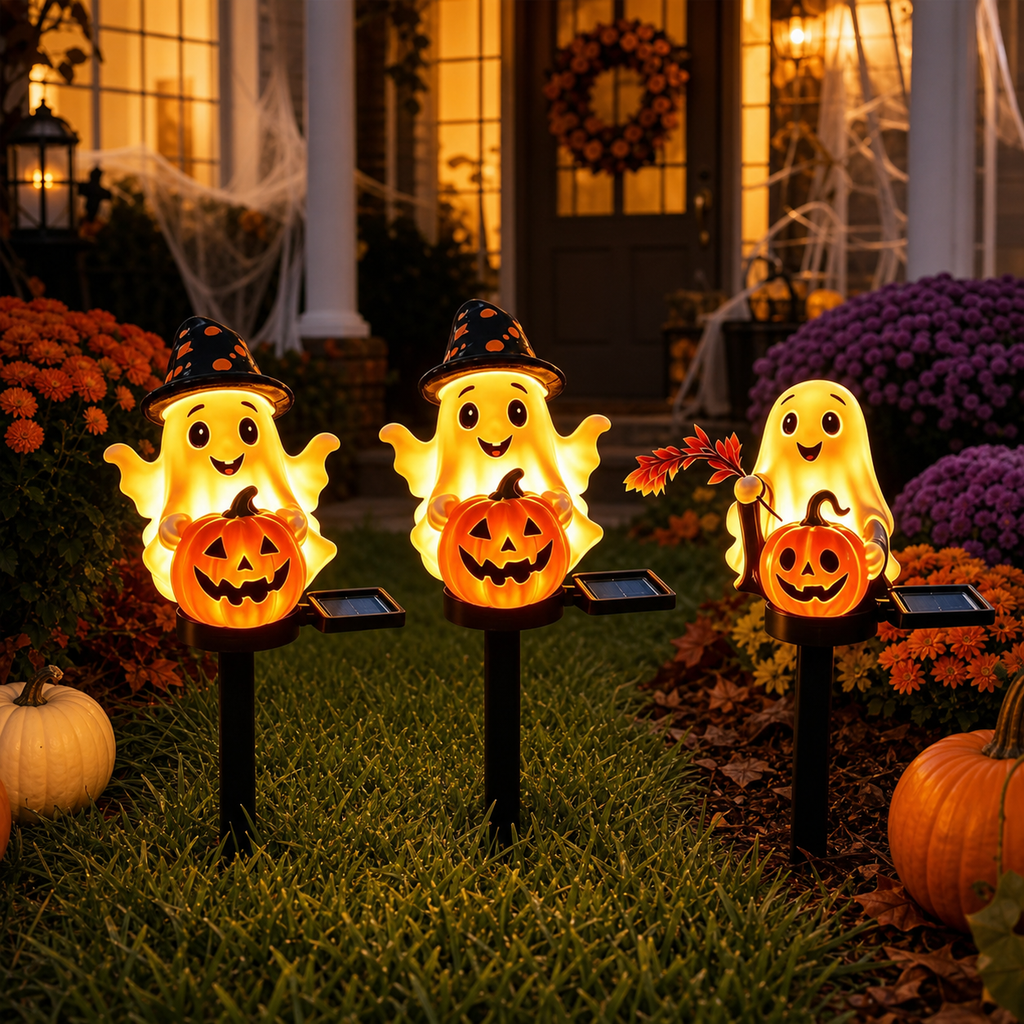 Estaca de luz solar para Halloween con fantasma y calabaza