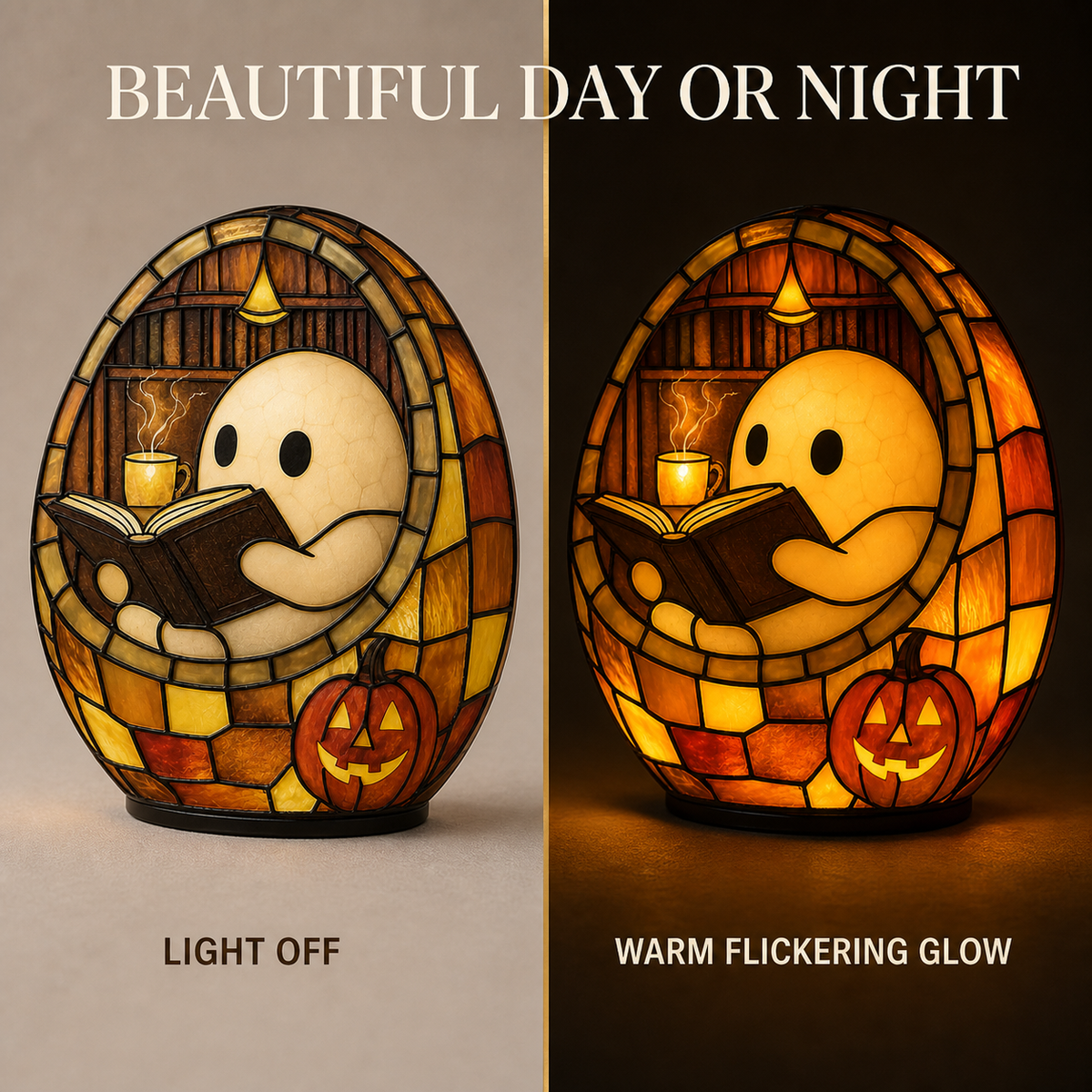 Cozy Reading Ghost Night Light – Handmade Resin Halloween Lamp