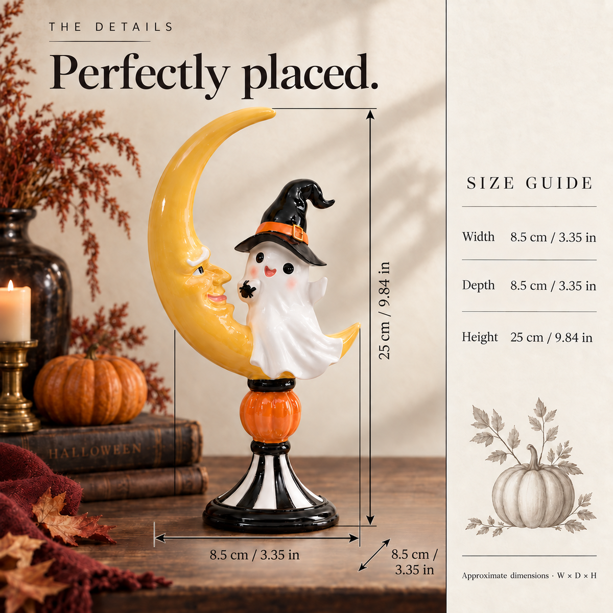 Free Shipping 🎃 Ghost & Crescent Moon Figurine – Vintage Halloween Tabletop Decor