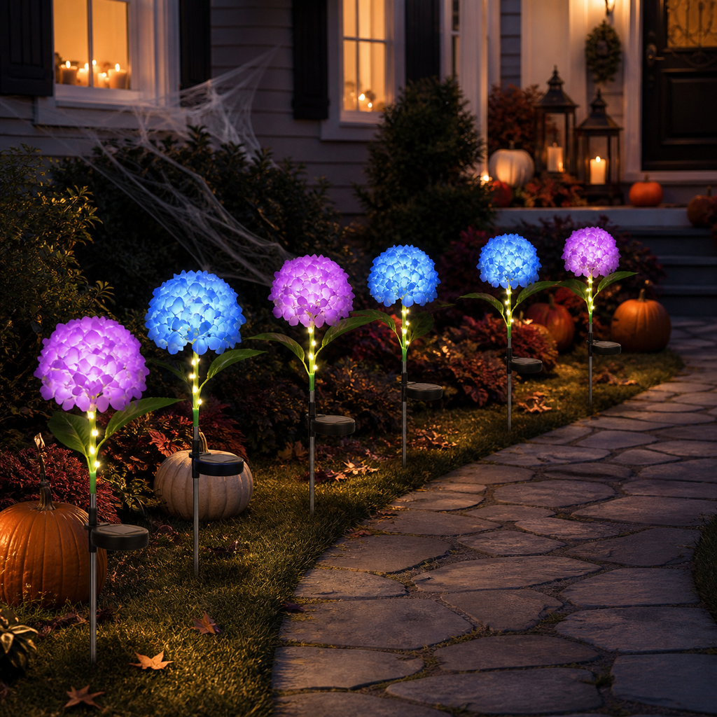 Luz solar de estaca para jardín con hortensias
