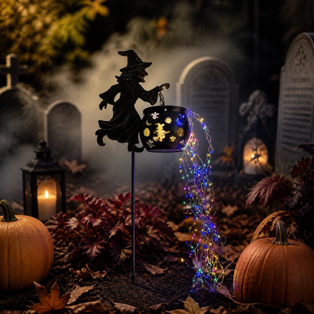 Halloween Witch Cauldron Garden Stake Light