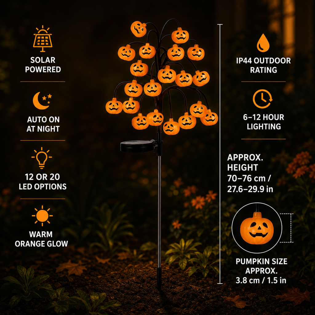 Luces solares de estaca para Halloween con diseño de calabazas y árbol