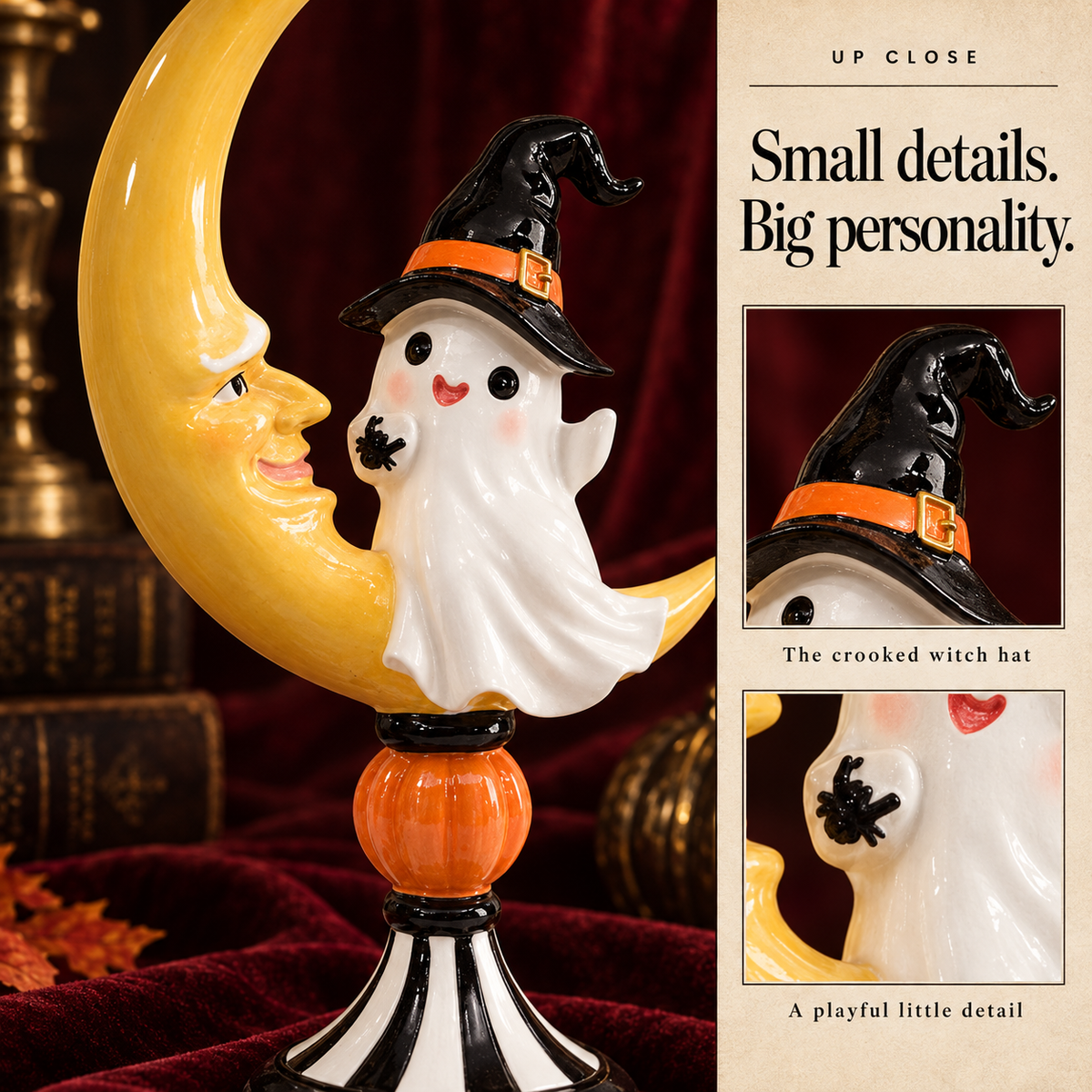 Free Shipping 🎃 Ghost & Crescent Moon Figurine – Vintage Halloween Tabletop Decor