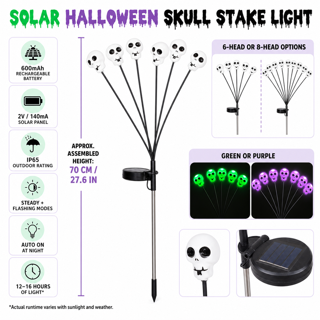 Luces solares de estaca de calavera de Halloween