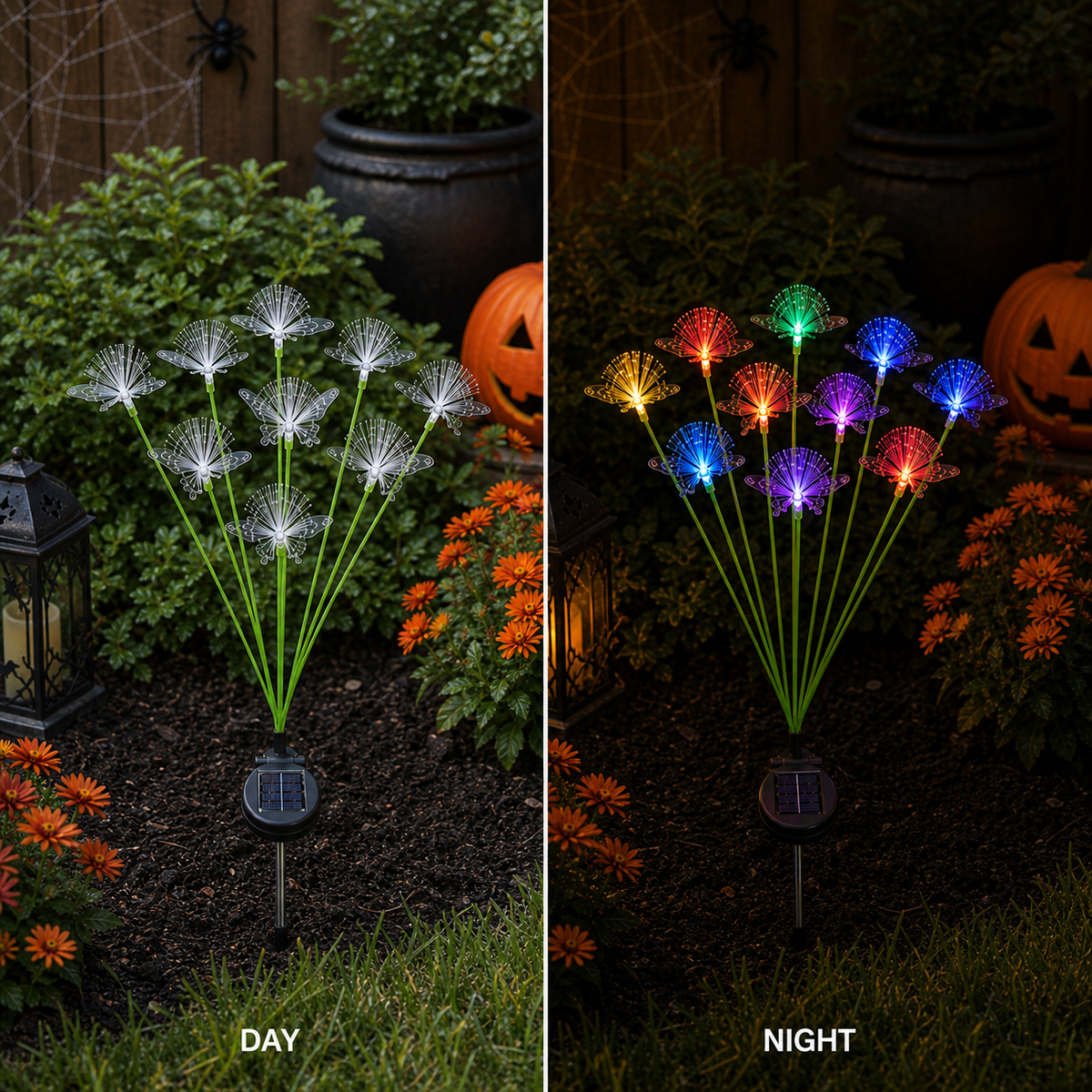 Estaca de jardín solar con mariposa de fibra óptica de 10 luces