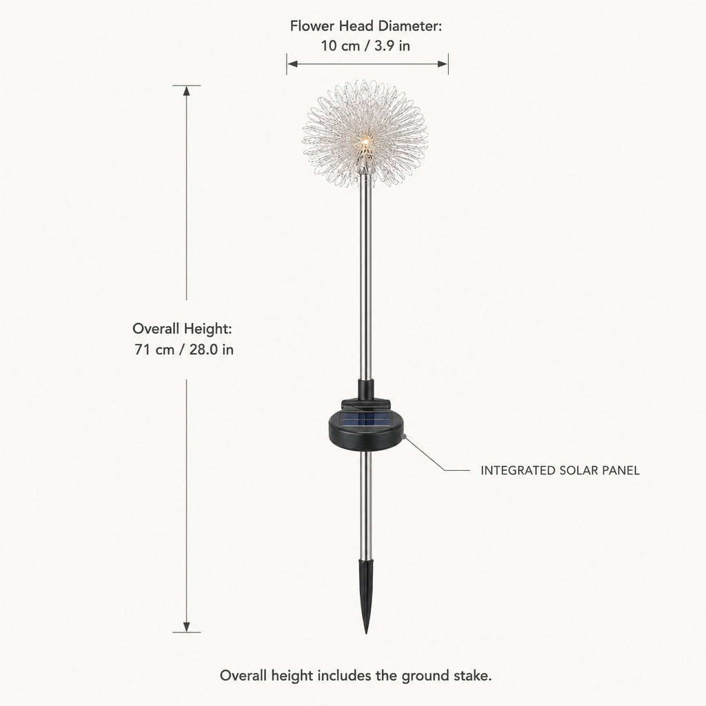 Estaca de jardín con luz solar en forma de diente de león