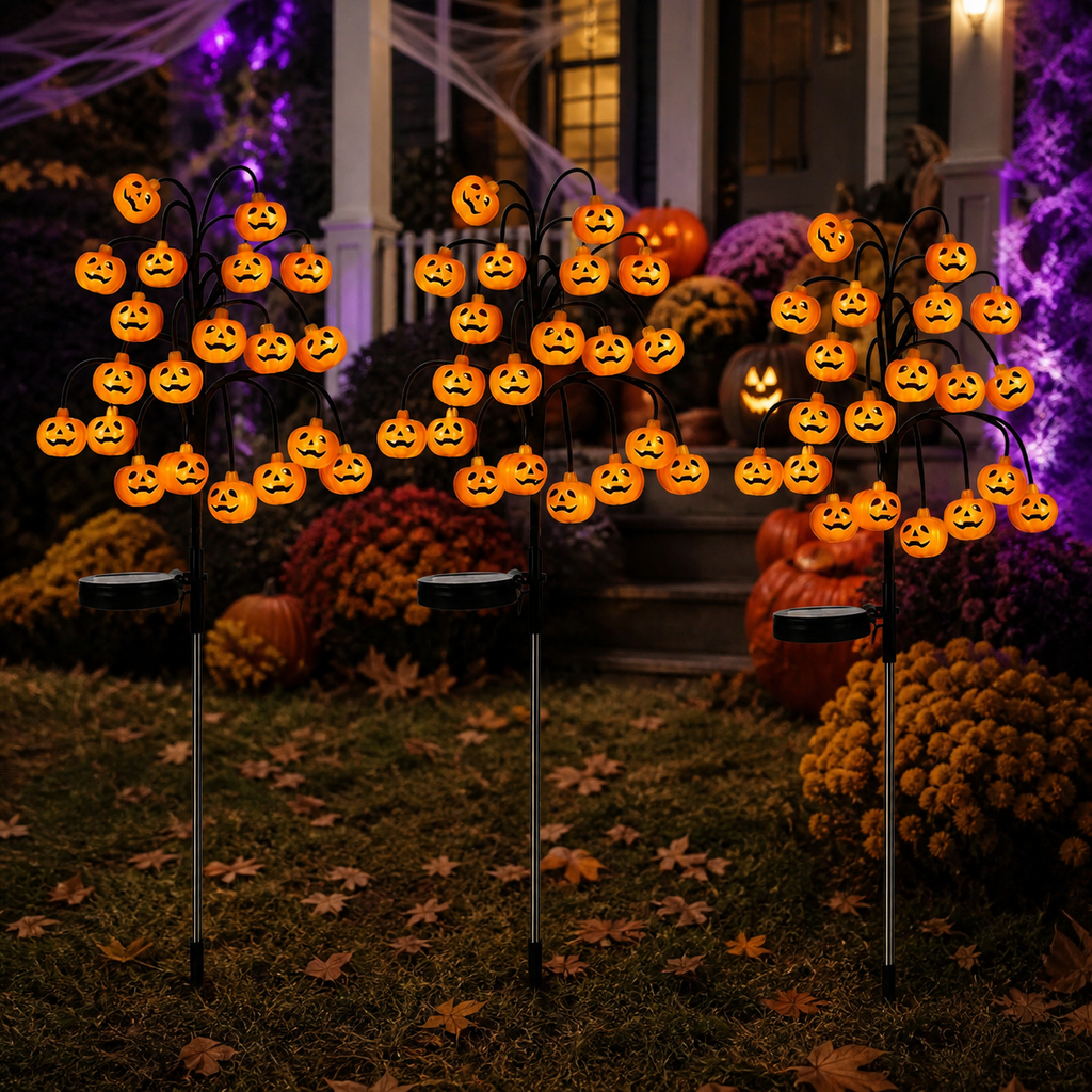 Luces solares de estaca para Halloween con diseño de calabazas y árbol