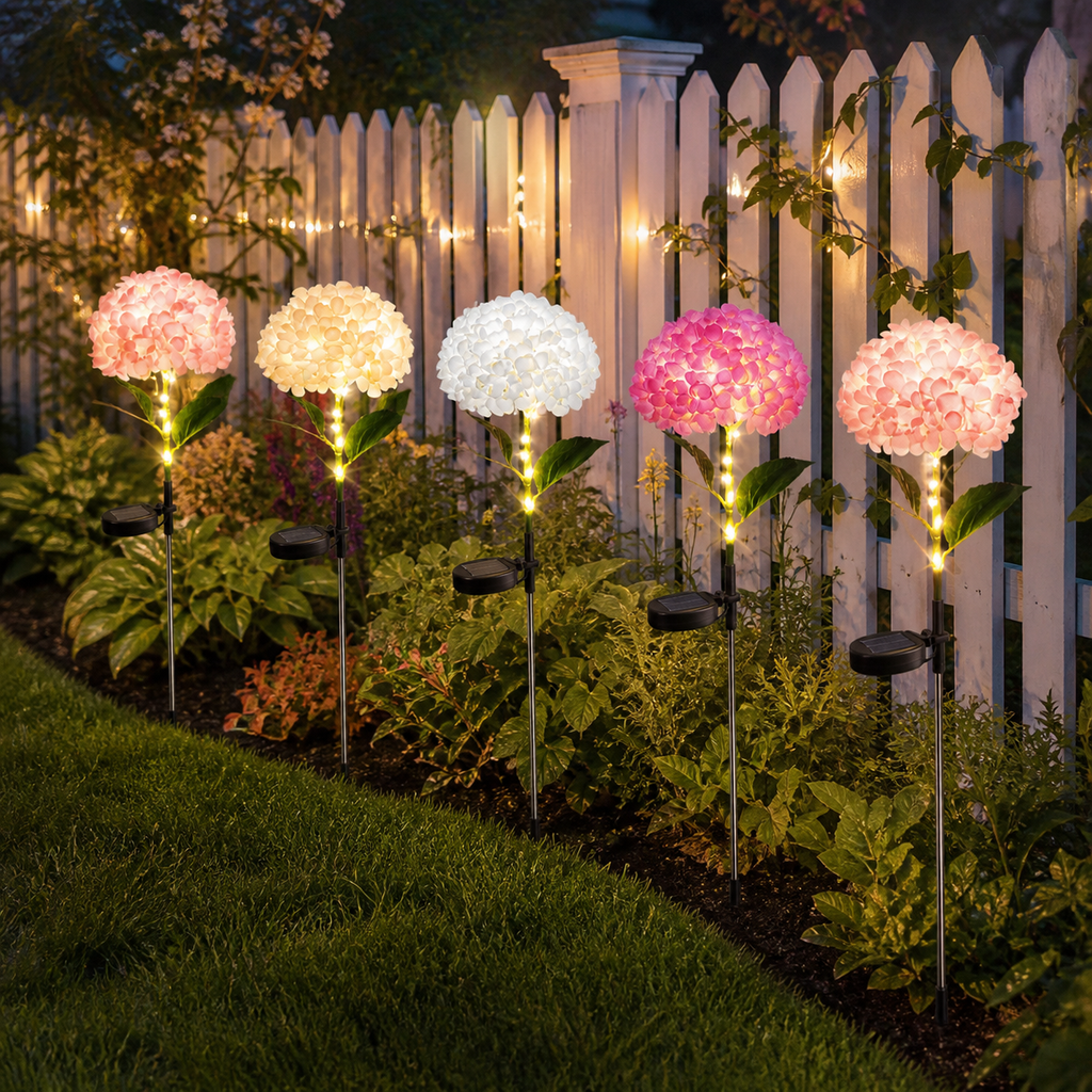 Luz solar de estaca para jardín con hortensias