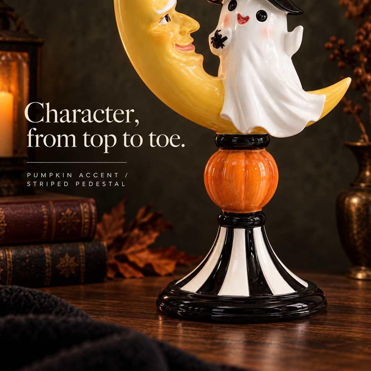 Free Shipping 🎃 Ghost & Crescent Moon Figurine – Vintage Halloween Tabletop Decor