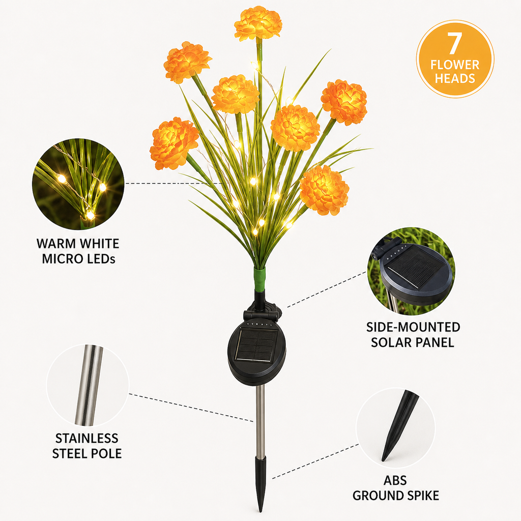 Solar 7-Head Pom-Pom Flower Stake Light