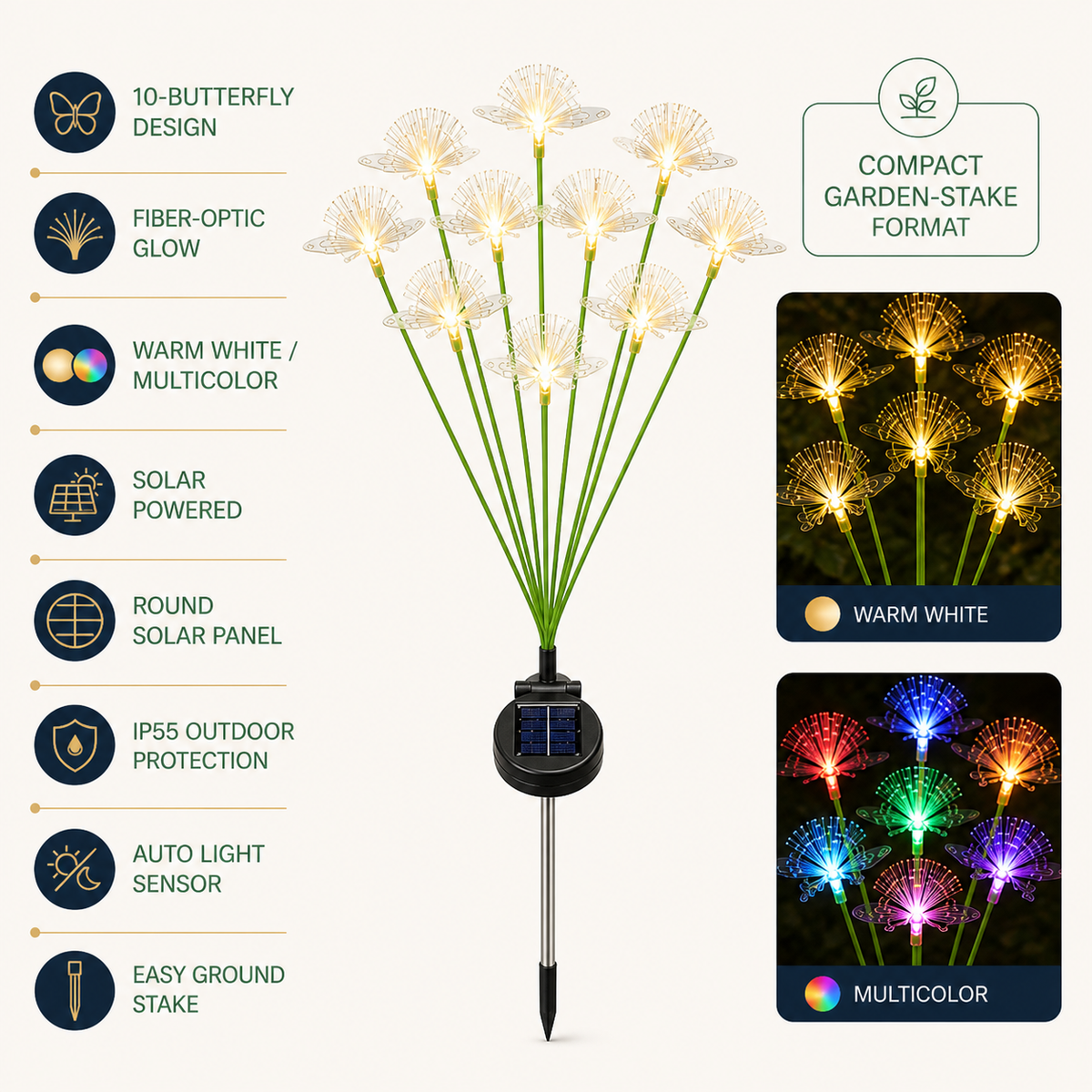 Estaca de jardín solar con mariposa de fibra óptica de 10 luces