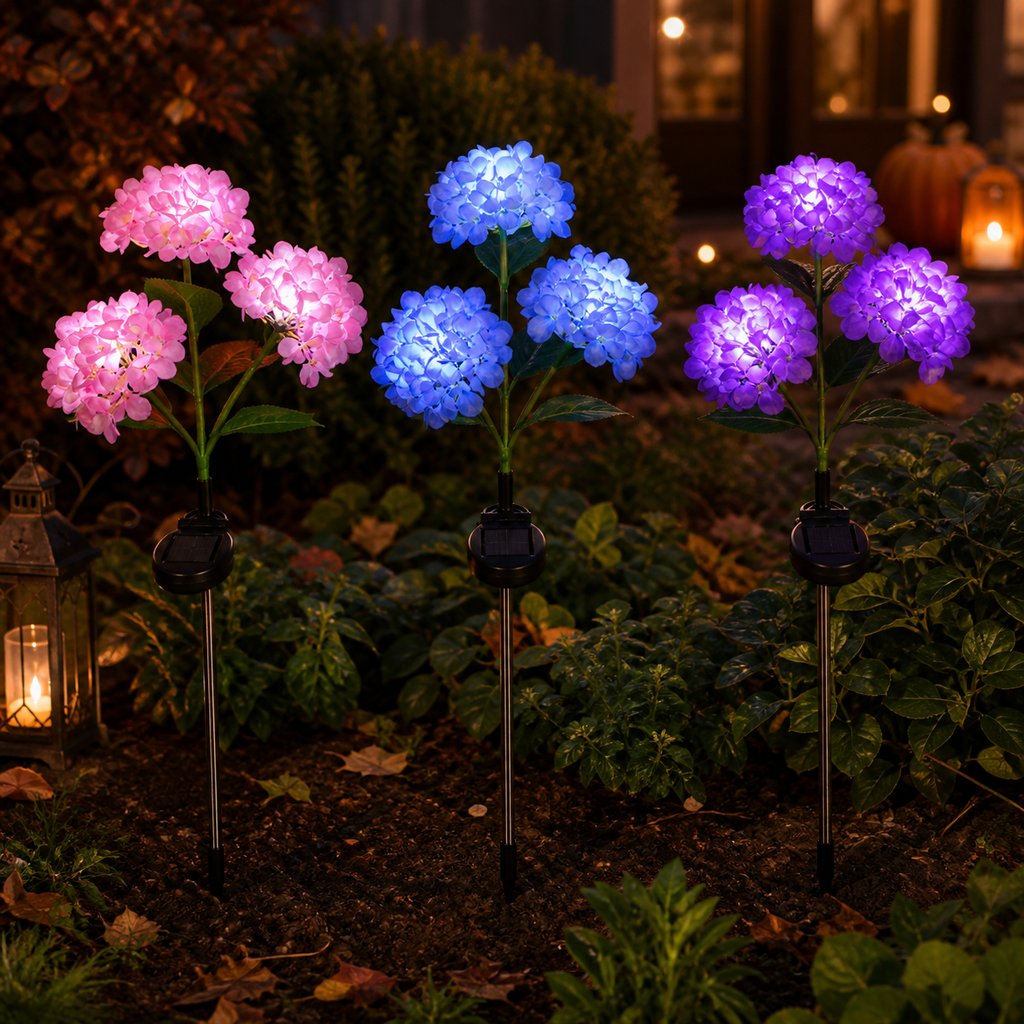 Luz solar de estaca para jardín con hortensias