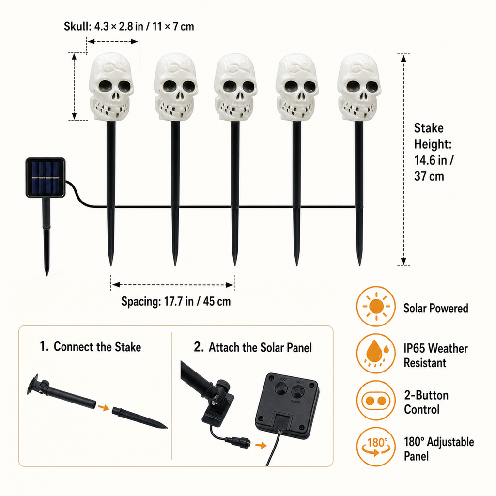 Estacas de luces solares de calavera para caminos, 5 unidades