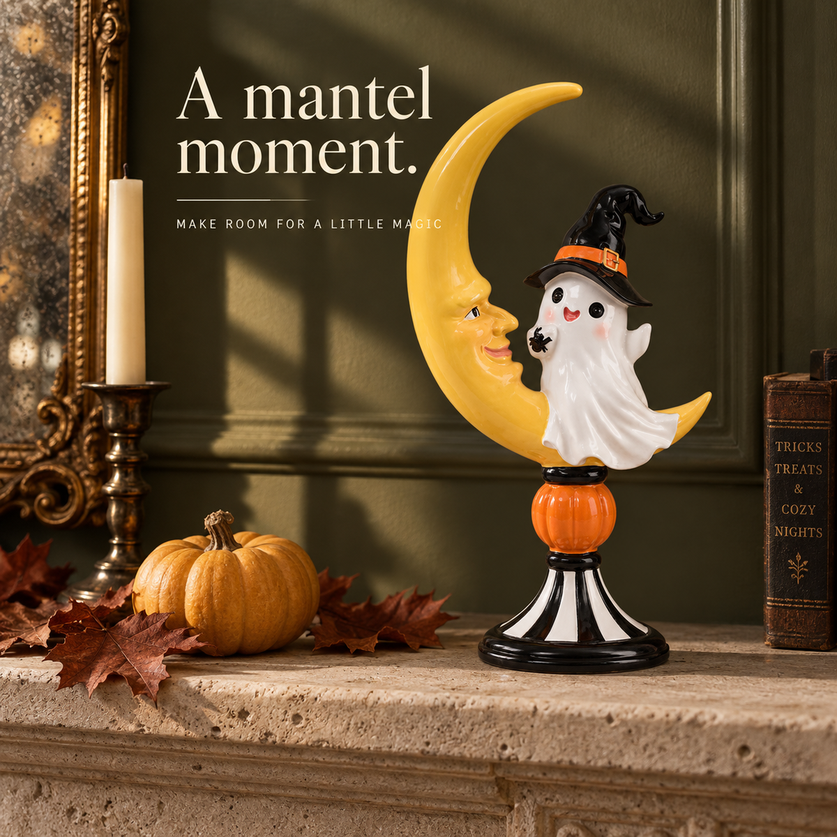 Free Shipping 🎃 Ghost & Crescent Moon Figurine – Vintage Halloween Tabletop Decor