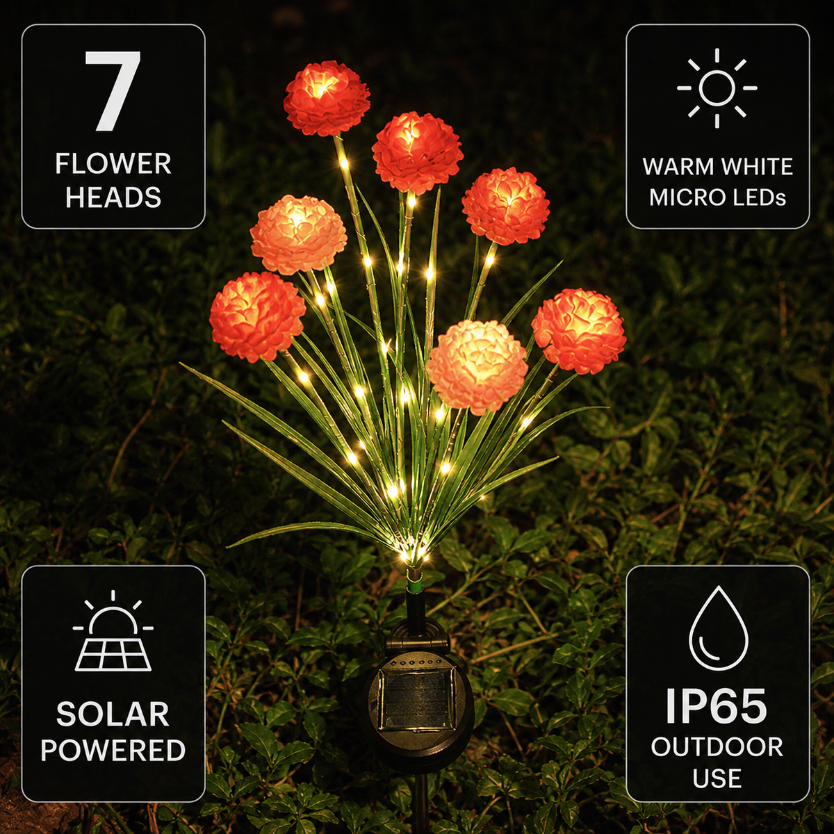 Solar 7-Head Pom-Pom Flower Stake Light