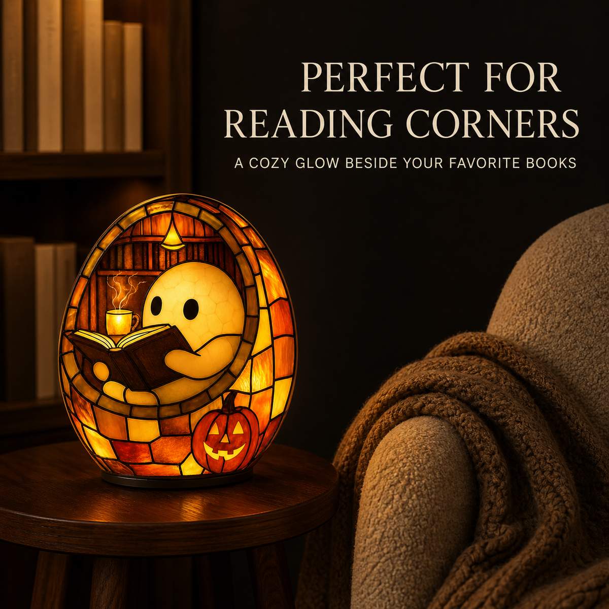 Cozy Reading Ghost Night Light – Handmade Resin Halloween Lamp