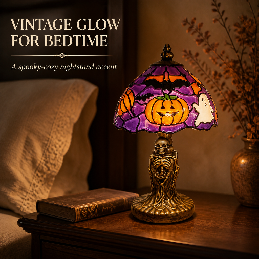 🔥Hot Sale - 40% OFF🔥 –🎃Retro Halloween Pumpkin Desk Lamp – Resin Bat & Ghost Accent Light, 3 Styles