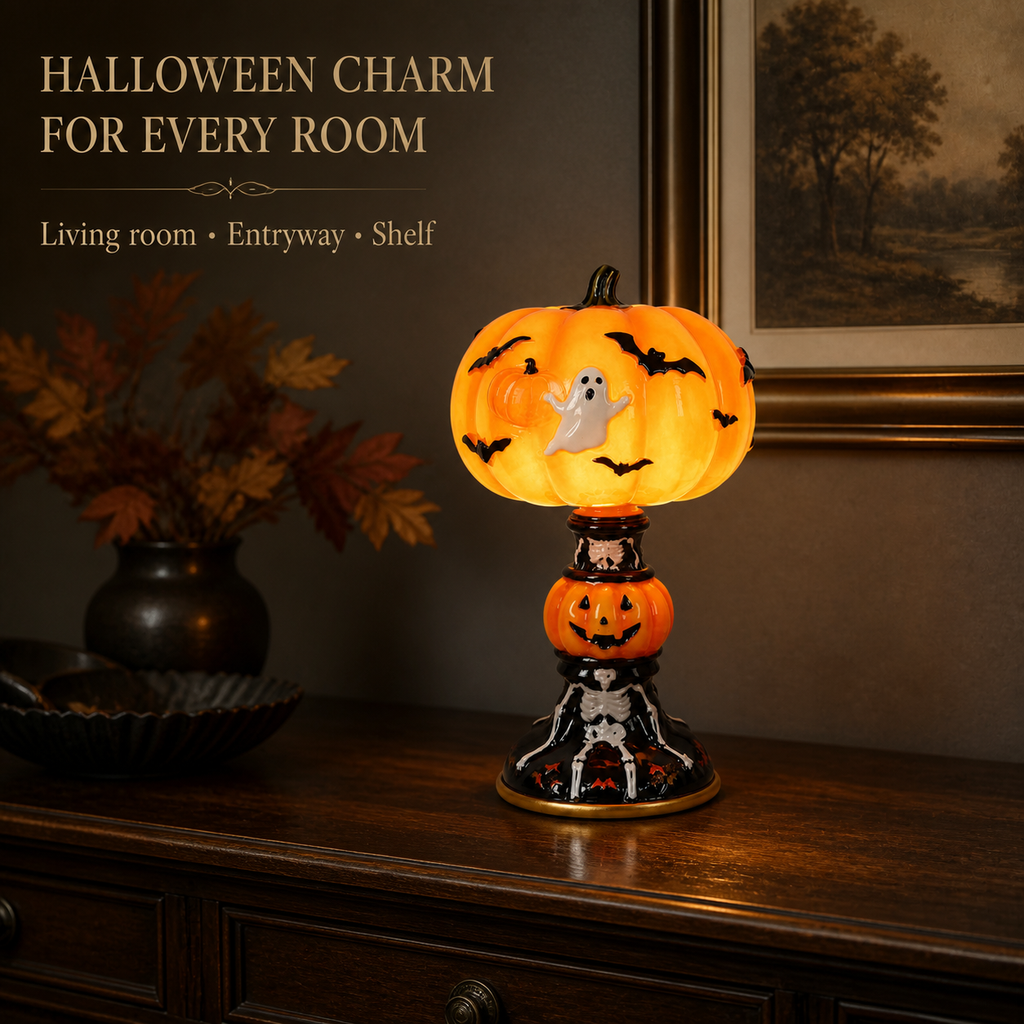 🔥Hot Sale - 40% OFF🔥 –🎃Retro Halloween Pumpkin Desk Lamp – Resin Bat & Ghost Accent Light, 3 Styles