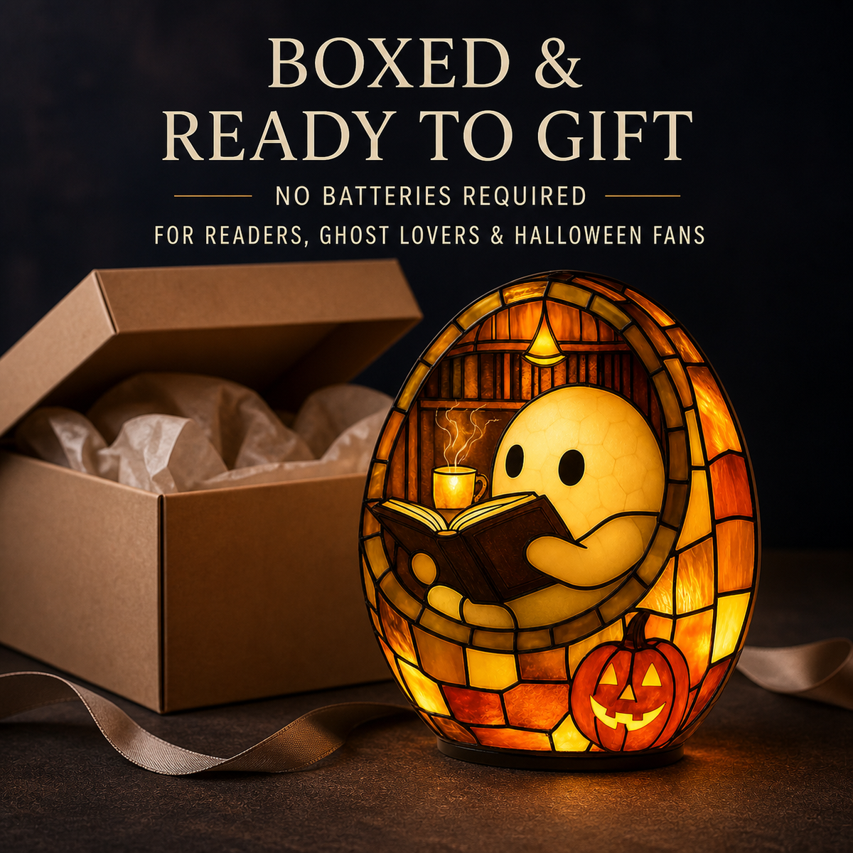 Cozy Reading Ghost Night Light – Handmade Resin Halloween Lamp