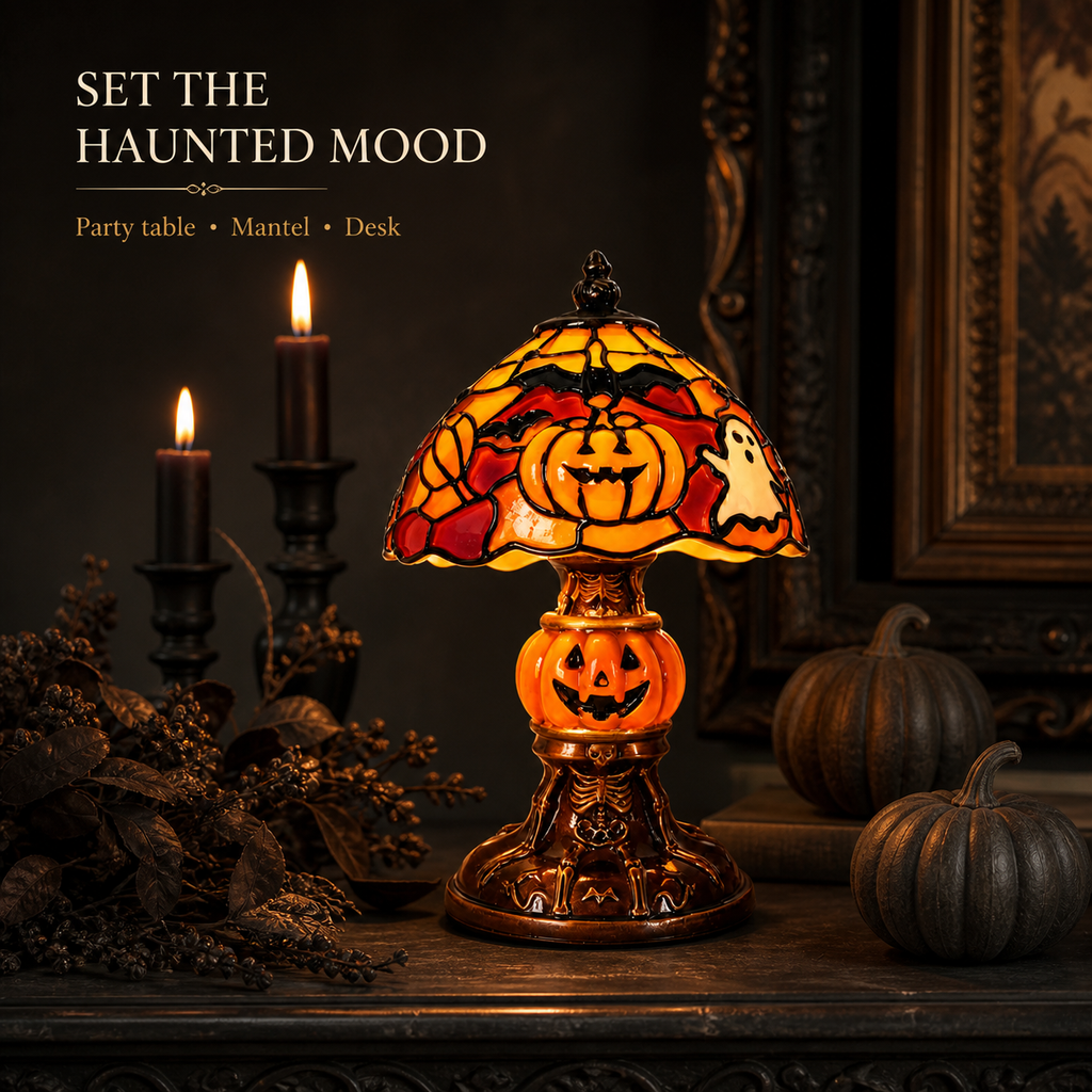🔥Hot Sale - 40% OFF🔥 –🎃Retro Halloween Pumpkin Desk Lamp – Resin Bat & Ghost Accent Light, 3 Styles