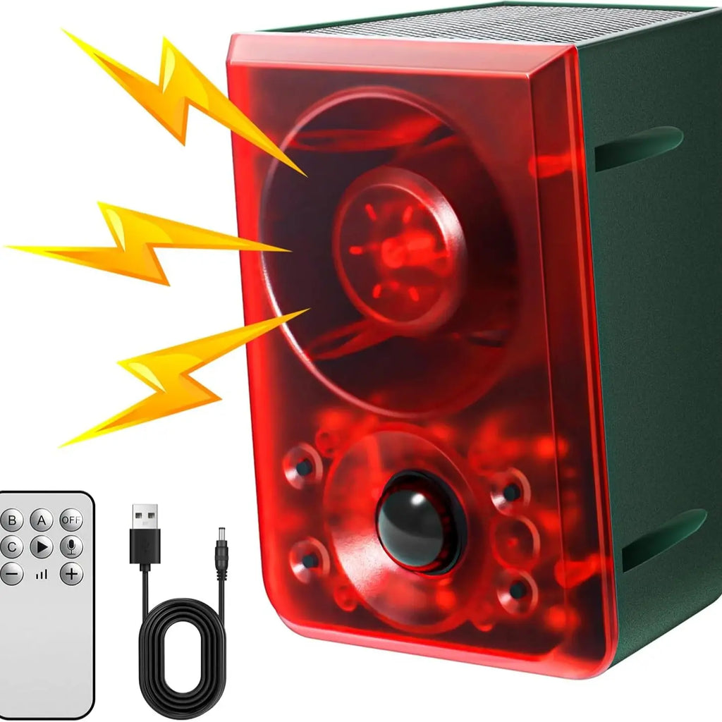 Solar Outdoor Motion SensorAlarm - Dog Barking & GunshotSound, Support Recording andVolume Adjustment, 130dB Noisewith Flashing Light to DeterRaccoon, Deer, Skunk, Bear,Coyote