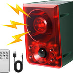 Solar Outdoor Motion SensorAlarm - Dog Barking & GunshotSound, Support Recording andVolume Adjustment, 130dB Noisewith Flashing Light to DeterRaccoon, Deer, Skunk, Bear,Coyote