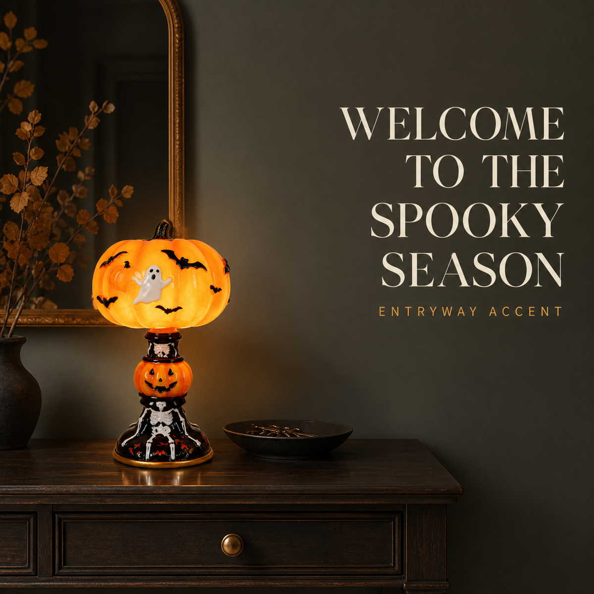 🔥Hot Sale - 40% OFF🔥 –🎃Retro Halloween Pumpkin Desk Lamp – Resin Bat & Ghost Accent Light, 3 Styles