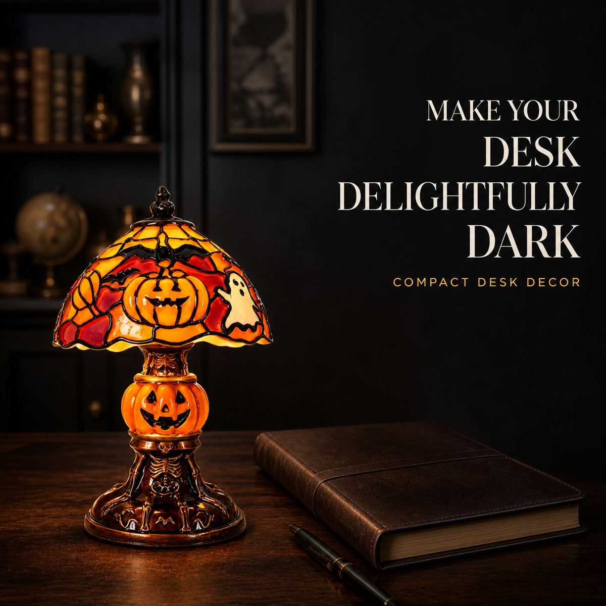 🔥Hot Sale - 40% OFF🔥 –🎃Retro Halloween Pumpkin Desk Lamp – Resin Bat & Ghost Accent Light, 3 Styles