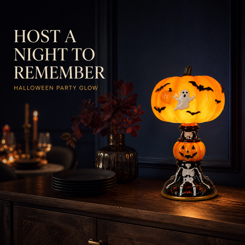 🔥Hot Sale - 40% OFF🔥 –🎃Retro Halloween Pumpkin Desk Lamp – Resin Bat & Ghost Accent Light, 3 Styles