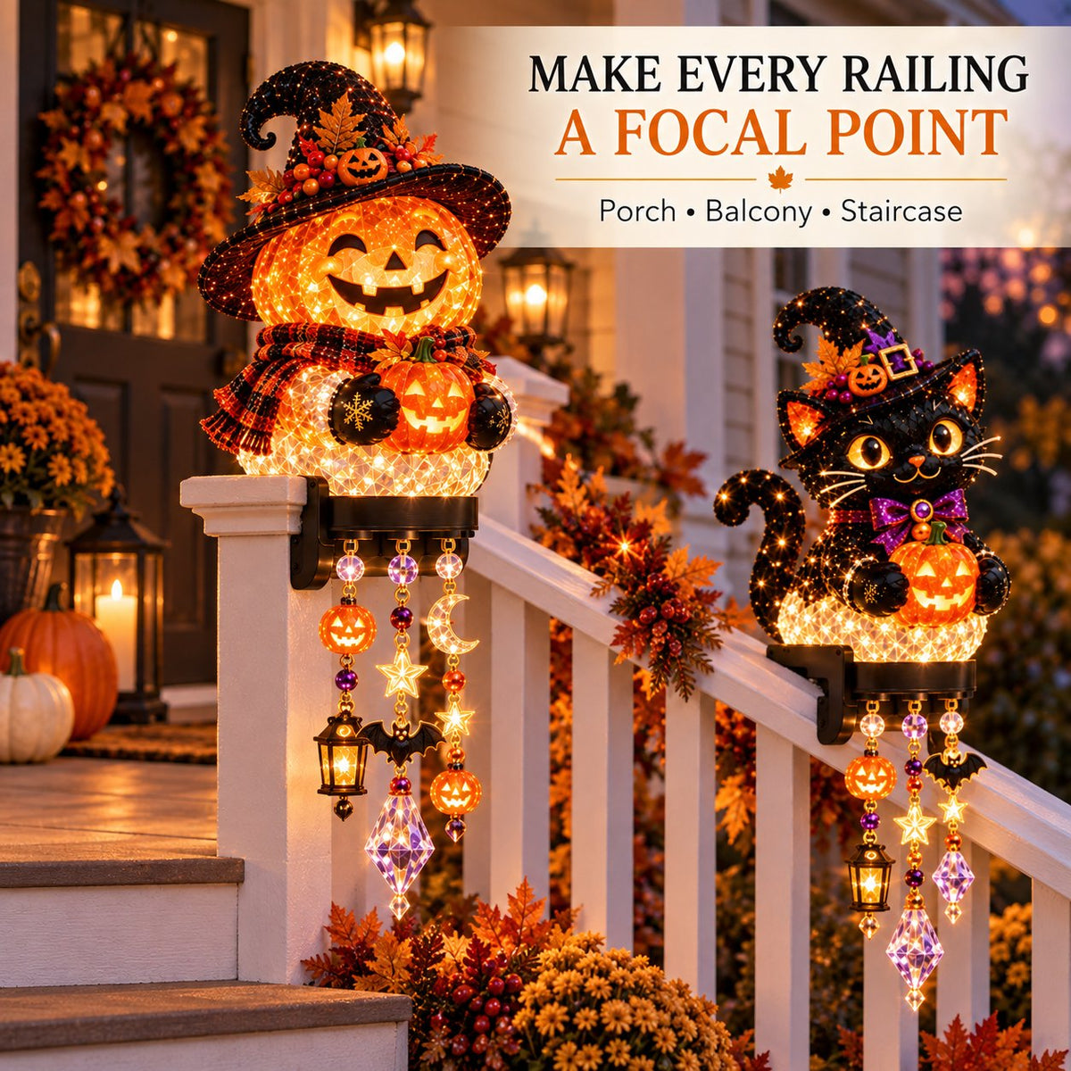🔥Buy 2 Get 10% OFF🔥🎃 Halloween Porch Magic Cascade Railing Lights – Pumpkin, Witch, Ghost & Black Cat🎃🎃