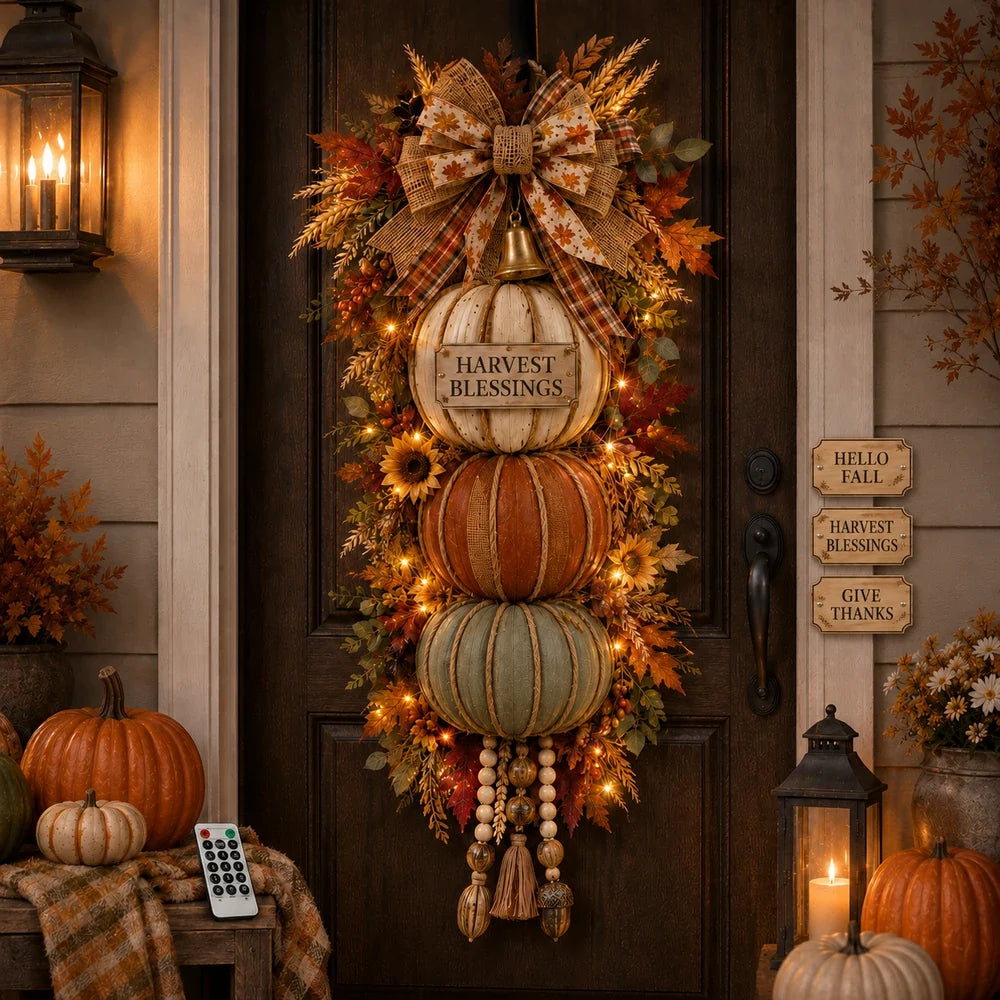 🏡🎃Lighted Stacked Pumpkin Fall Door Decor with 3 Seasonal Plaques