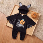 🚚 Free Shipping | Baby Halloween Bat Romper with Ear Hood – Skeleton & Pumpkin Prints