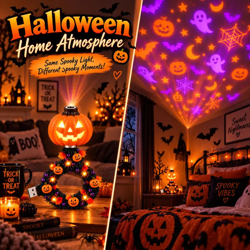 ✅Free Shipping🎃USB Halloween Pumpkin Projector Light, 6 Modes Wreath Lamp Halloween Decor Gift