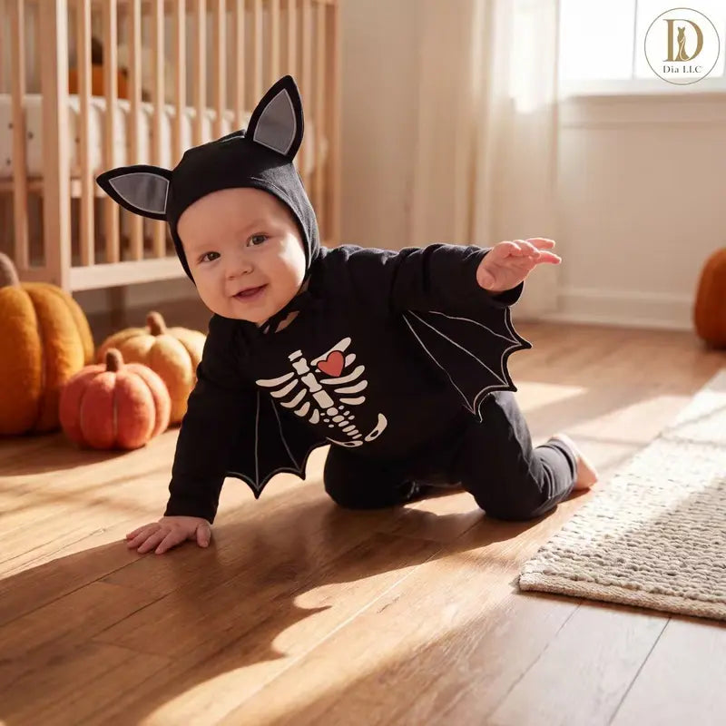 🚚 Free Shipping | Baby Halloween Bat Romper with Ear Hood – Skeleton & Pumpkin Prints