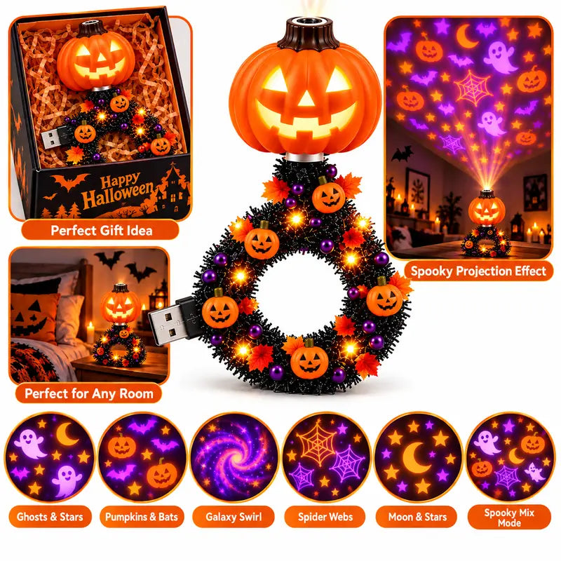 ✅Free Shipping🎃USB Halloween Pumpkin Projector Light, 6 Modes Wreath Lamp Halloween Decor Gift