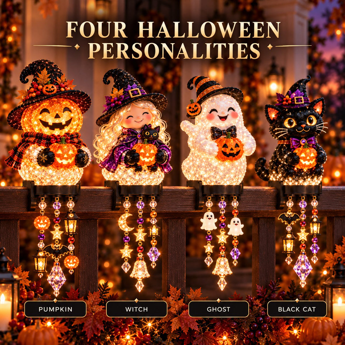 🔥Buy 2 Get 10% OFF🔥🎃 Halloween Porch Magic Cascade Railing Lights – Pumpkin, Witch, Ghost & Black Cat🎃🎃