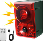 Solar Outdoor Motion SensorAlarm - Dog Barking & GunshotSound, Support Recording andVolume Adjustment, 130dB Noisewith Flashing Light to DeterRaccoon, Deer, Skunk, Bear,Coyote