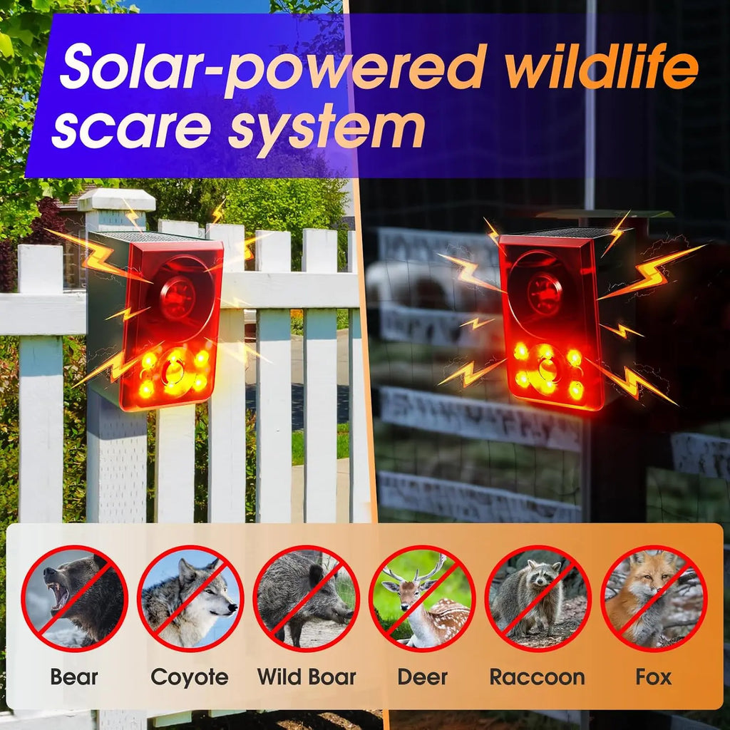 Solar Outdoor Motion SensorAlarm - Dog Barking & GunshotSound, Support Recording andVolume Adjustment, 130dB Noisewith Flashing Light to DeterRaccoon, Deer, Skunk, Bear,Coyote